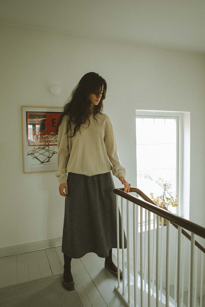 AGNES WOOL SKIRT - GREY HERRINGBONE