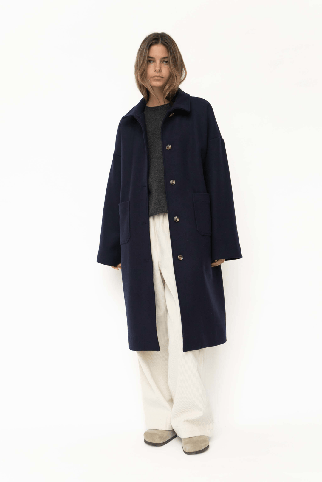 Lucca Wool Blend River Coat（rich navy） Layered Wool Coat with Removable Silk Layer